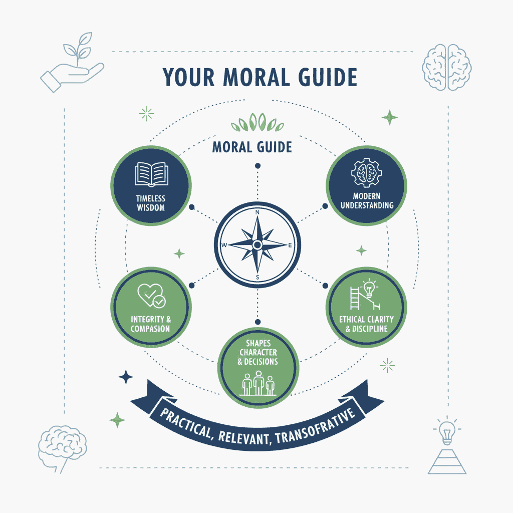 Step-by-step moral growth journey, showing integrity, compassion, discipline, and ethical clarity inspired by ancient wisdom and modern psychology