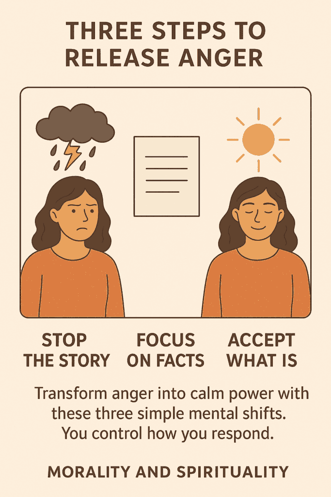 How to control your mind during anger in three steps: release the story, focus on facts, and accept reality—move from reactive to responsive