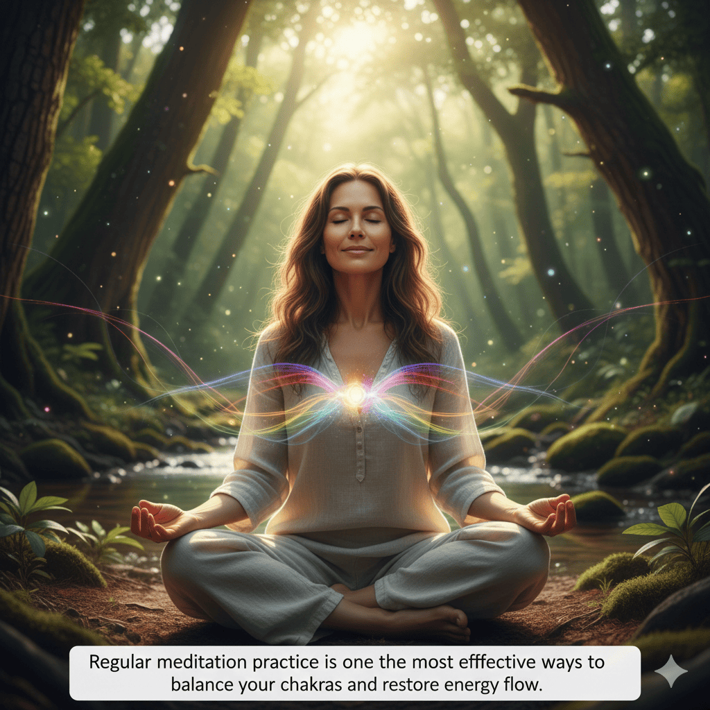 Person practicing chakra balancing meditation in nature showing how to balance your chakras.