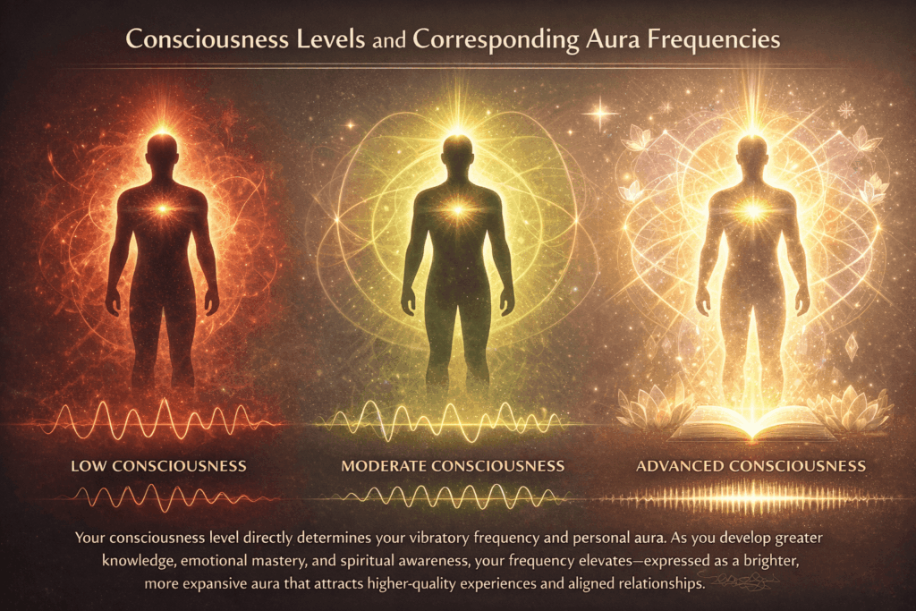 Illustration demonstrating how the power of thought manifests through three consciousness levels with their corresponding aura energy fields. The left figure shows low consciousness with a dim reddish aura, the middle figure displays moderate consciousness with a balanced yellow-green aura, and the right figure reveals advanced consciousness through a brilliant, radiating multi-colored aura—each with frequency wave patterns demonstrating how the power of thought creates measurable vibrational differences in personal energy and life experience.