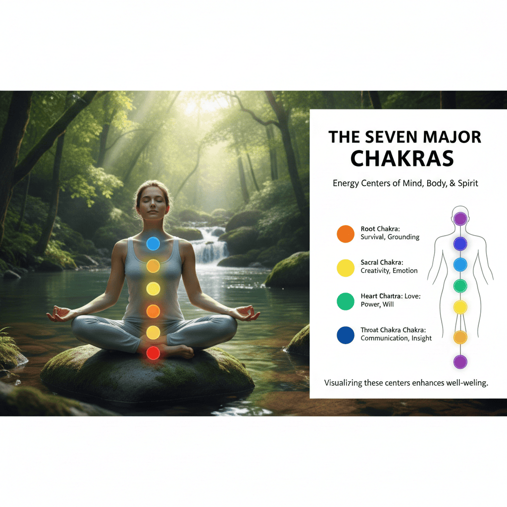 Seven chakras illustrated on meditating person showing chakra system explained with colored energy centers