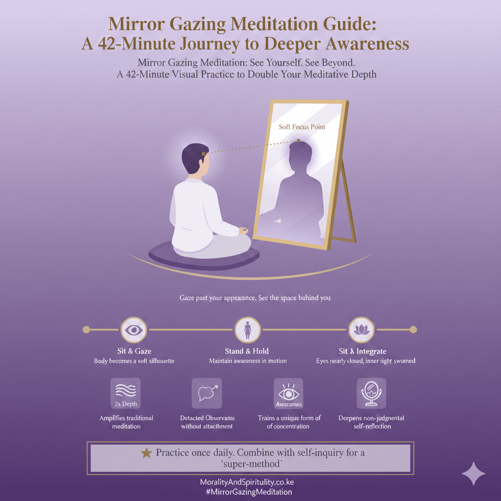 Mirror gazing meditation guide showing the soft focus point and steps for deeper mirror gazing meditation practice.