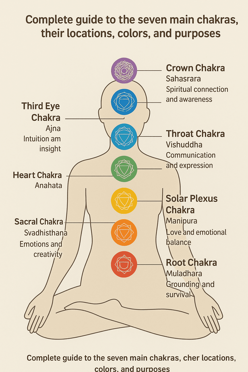 Seven chakras meaning and location chart with colors, body positions, and elements