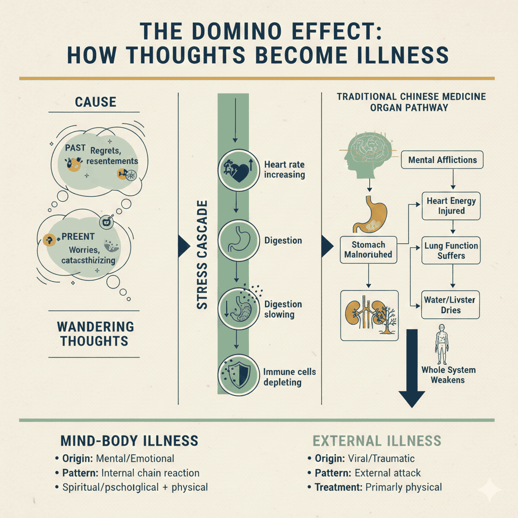 Domino-style infographic showing mind-body connection sickness beginning with wandering thoughts, triggering a stress cascade, and progressing into organ imbalance