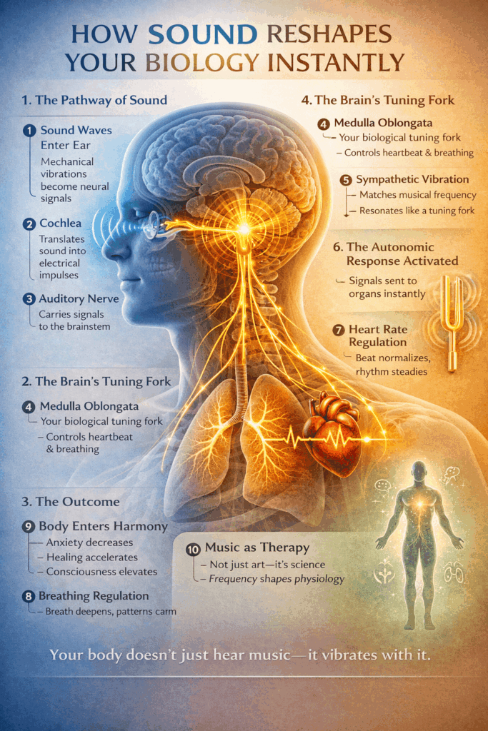 The Influence of Music illustrated as sound waves entering the ear and activating brainstem pathways that regulate breathing and heart rate, creating a calm physiological response.