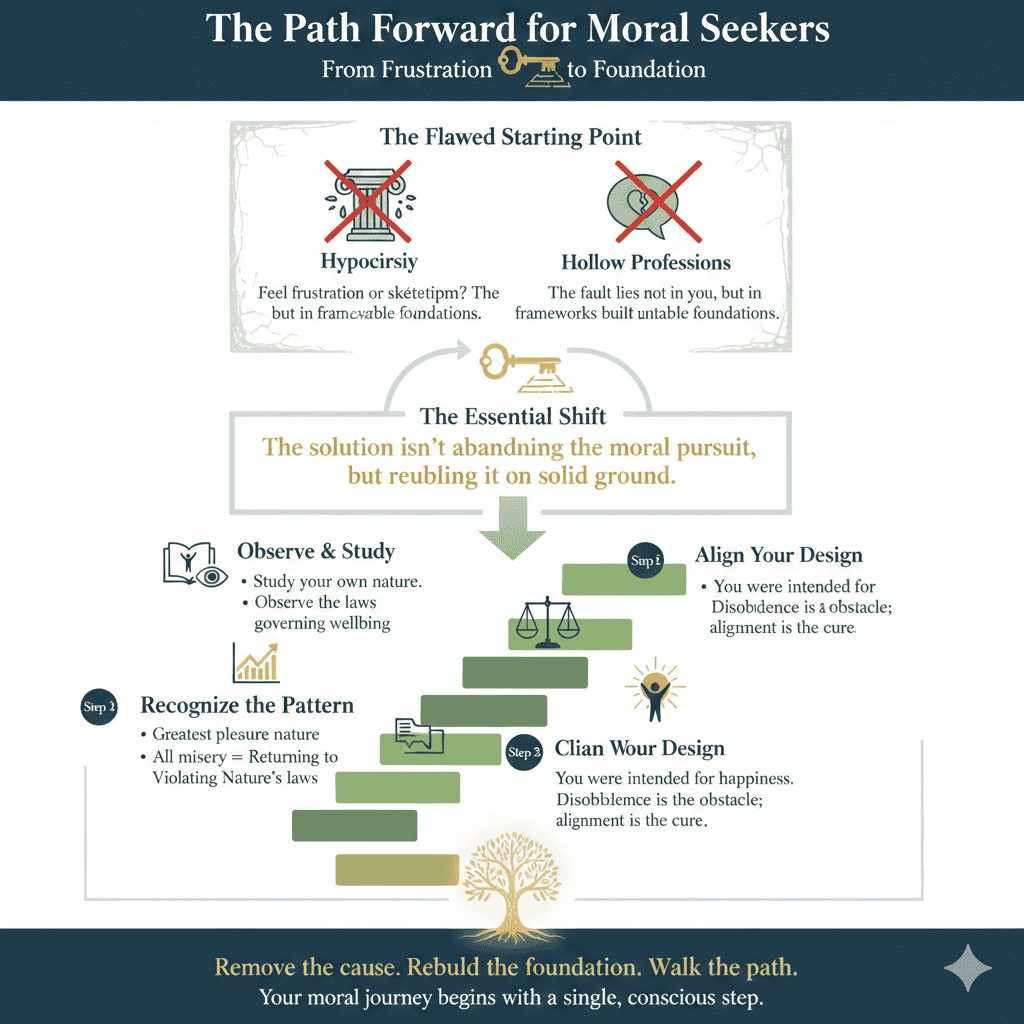 The visual provides a blueprint to cultivate morality by building a new, personal foundation based on self-knowledge and natural law.