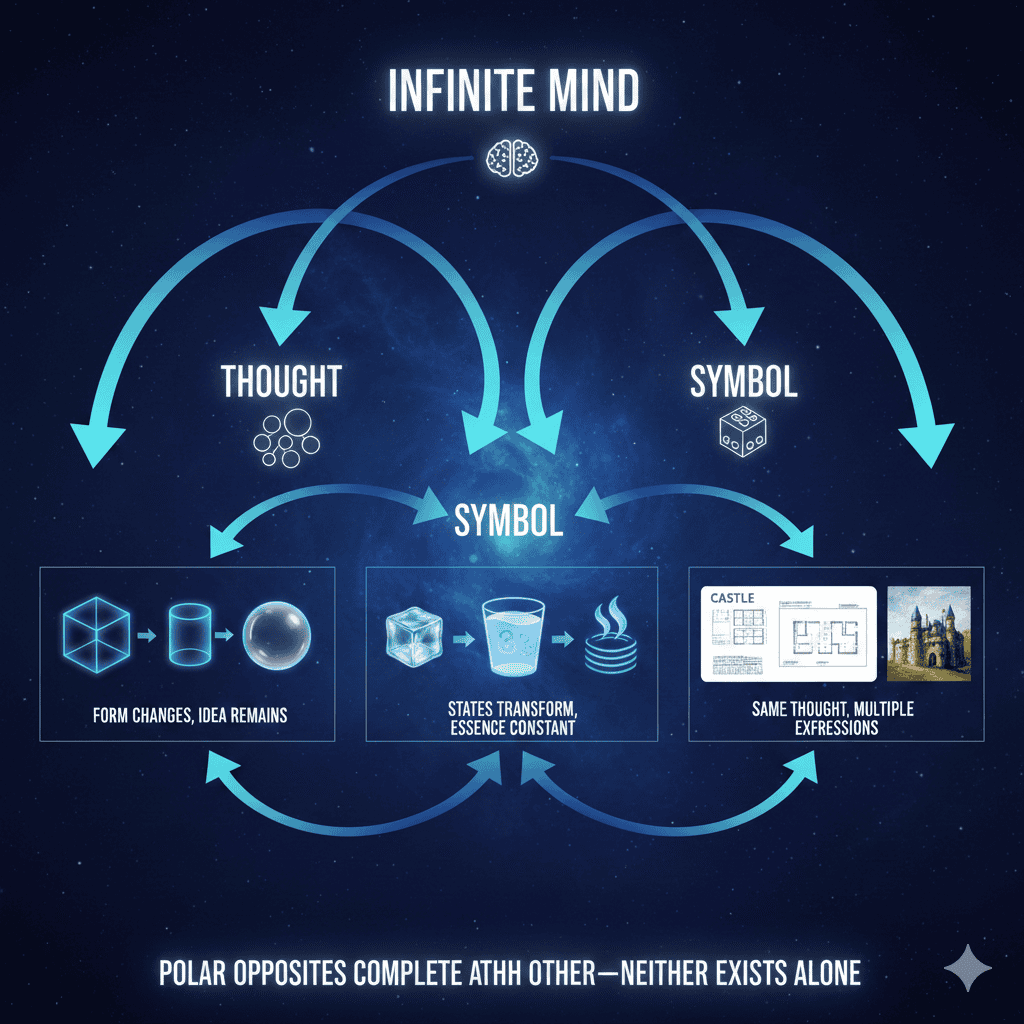 Polar opposites philosophy showing how infinite mind, thought, and symbol connect through reciprocal relationships with examples of cube-to-sphere transformation and water's three states.