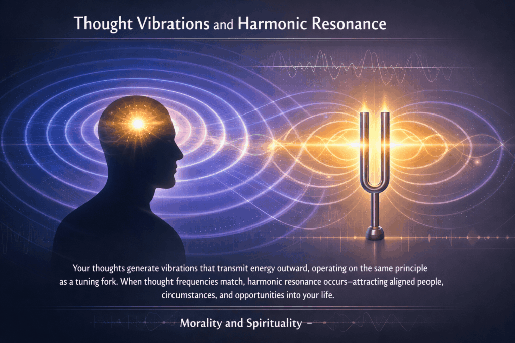 Visual representation of human thought vibrations radiating outward in concentric waves of blue and purple energy, overlapping with tuning fork waves to demonstrate harmonic resonance and how consciousness creates vibratory frequencies that transmit energy