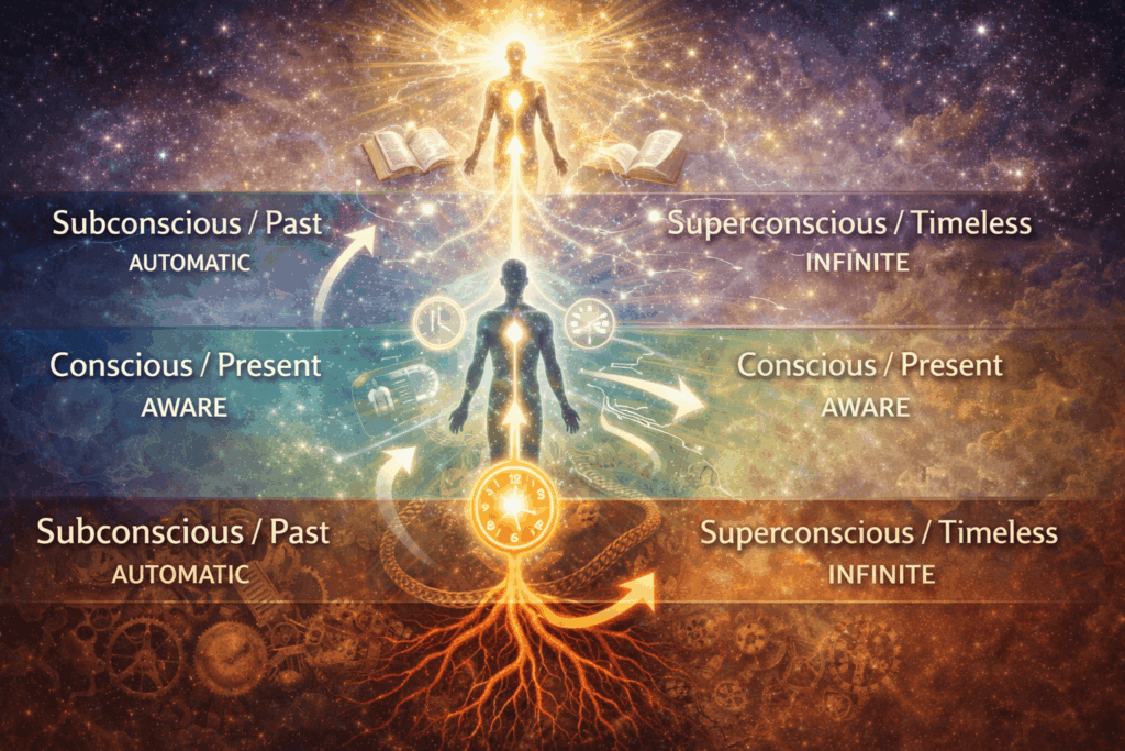 Illustration showing how consciousness relates to time through three levels: subconscious anchored in the past with roots and memories, conscious mind navigating present moment with alert awareness, and superconscious accessing timeless wisdom with radiating light and cosmic imagery.