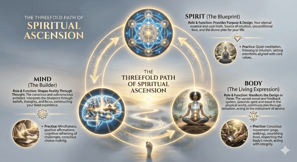 how the spiritual ascension path integrates Spirit as the divine blueprint, Mind as the conscious builder, and Body as the living expression, leading to a life of harmony and purpose.
