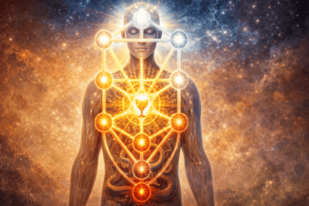 Illustration of the Kabbalah tree of life showing Tiphereth, the sixth Sephira, highlighted in the center of the human body, demonstrating the meaning of 666 and the spiritual center where Christ-consciousness resides, contrasting lower nature with divine potential.