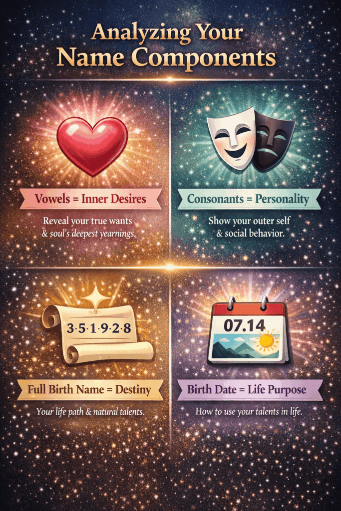 Numerology Meaning explained through name components showing how vowels reveal inner desires, consonants reflect personality, and birth name and date guide destiny.
