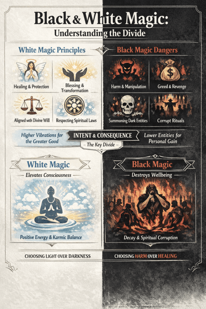 Split infographic contrasting white magic principles and black magic dangers, highlighting intent, consequence, and spiritualism misuse.