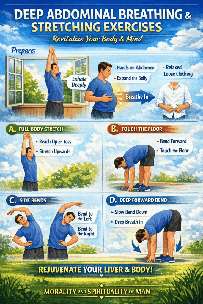 Illustrated breathing and stretching routine supporting relaxation and attaining psychic health