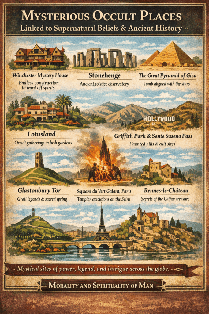 Infographic highlighting mysterious occult places, including the Winchester Mystery House, Stonehenge, the Great Pyramid of Giza, Glastonbury Tor, and notable sites in France and California