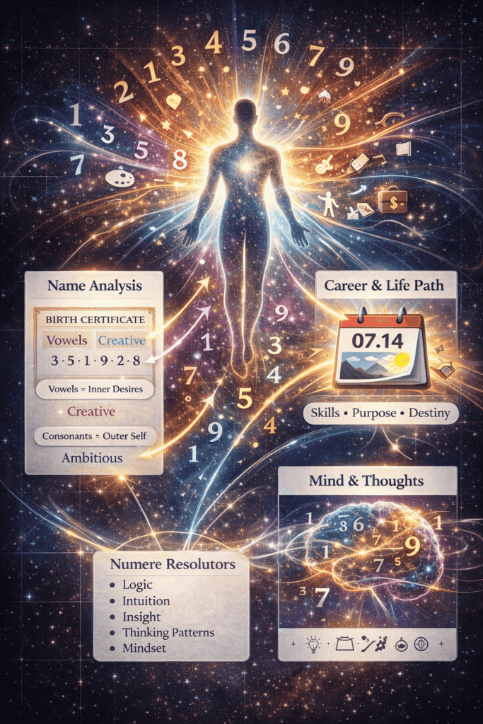 Numerology Meaning shown through flowing numbers linking a person’s name, birth date, and thought patterns to personality, purpose, and life direction.
