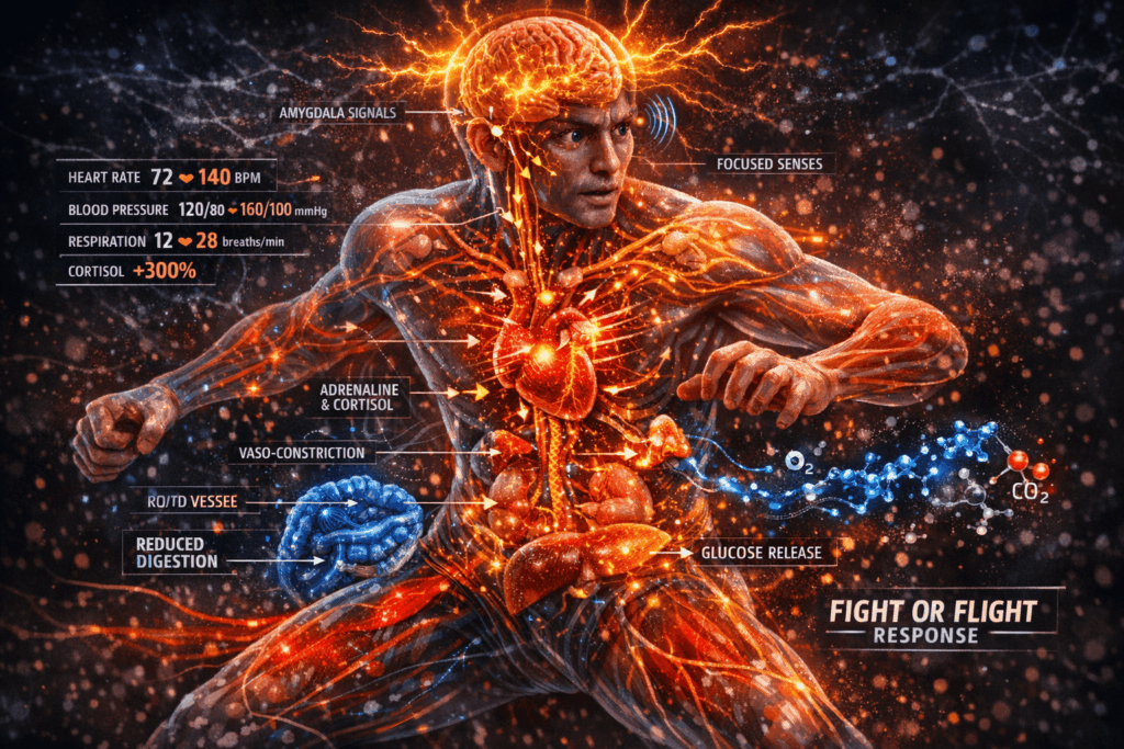 A medical-style visualization showing how fear affects the body, highlighting the brain, nervous system, heart, hormones, and muscles during a fight-or-flight response.