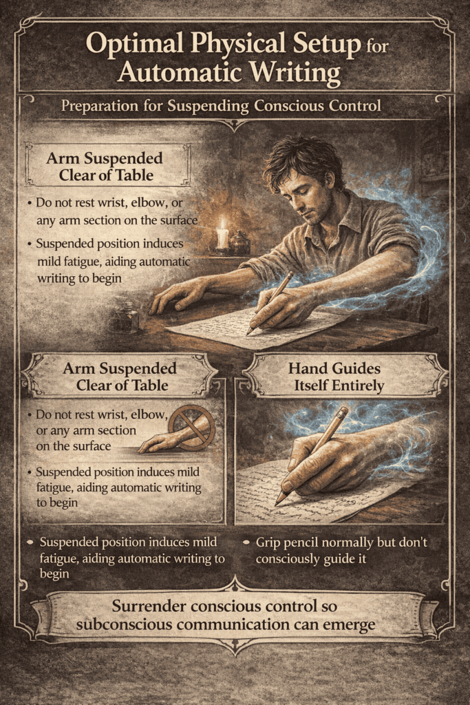 physical posture used to encourage automatic writing by reducing conscious control through arm suspension.