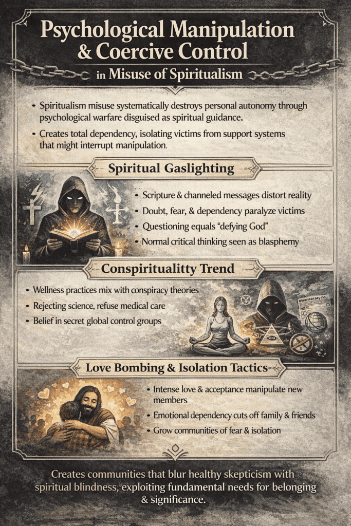 Infographic illustrating spiritual gaslighting, conspirituality, love bombing, and isolation as forms of spiritualism misuse.