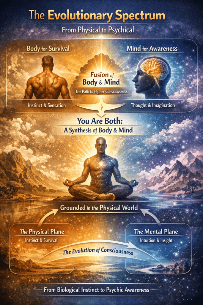 Visual spectrum showing body-based survival evolving into mental awareness, illustrating psychic development through the fusion of body and mind.