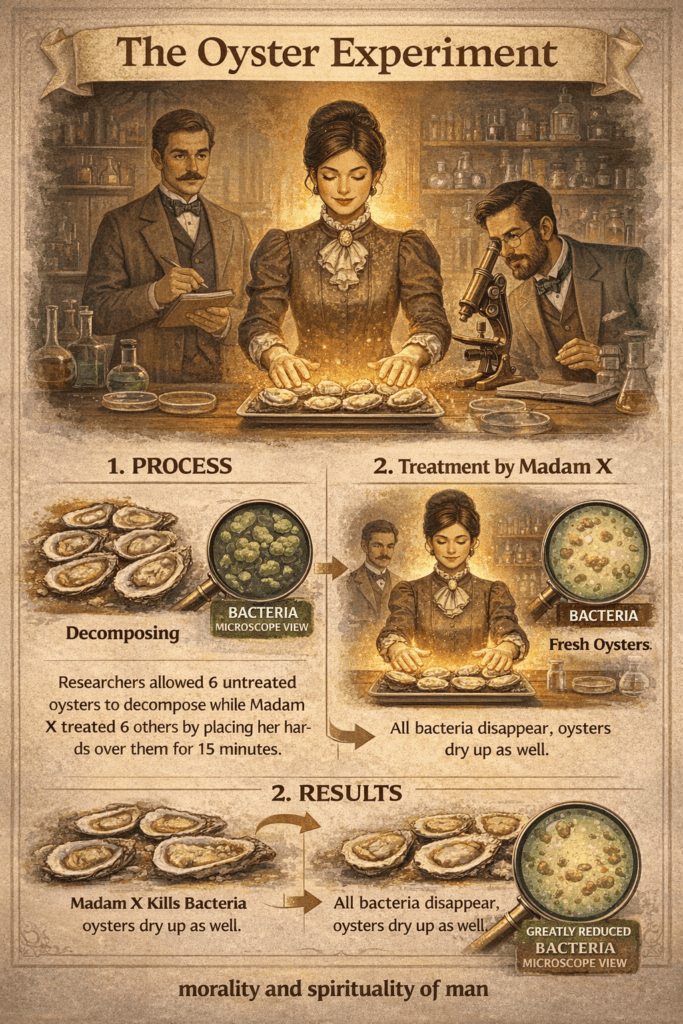 Infographic illustrating the Oyster Experiment, created to explain how researchers used oyster preservation tests to investigate claims of human fluid magnetism affecting bacterial decomposition.