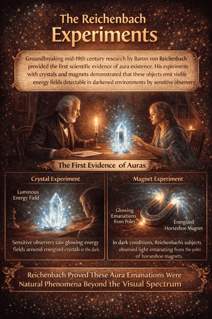 Human aura research shown through Reichenbach’s crystal and magnet experiments revealing visible energy fields in darkness