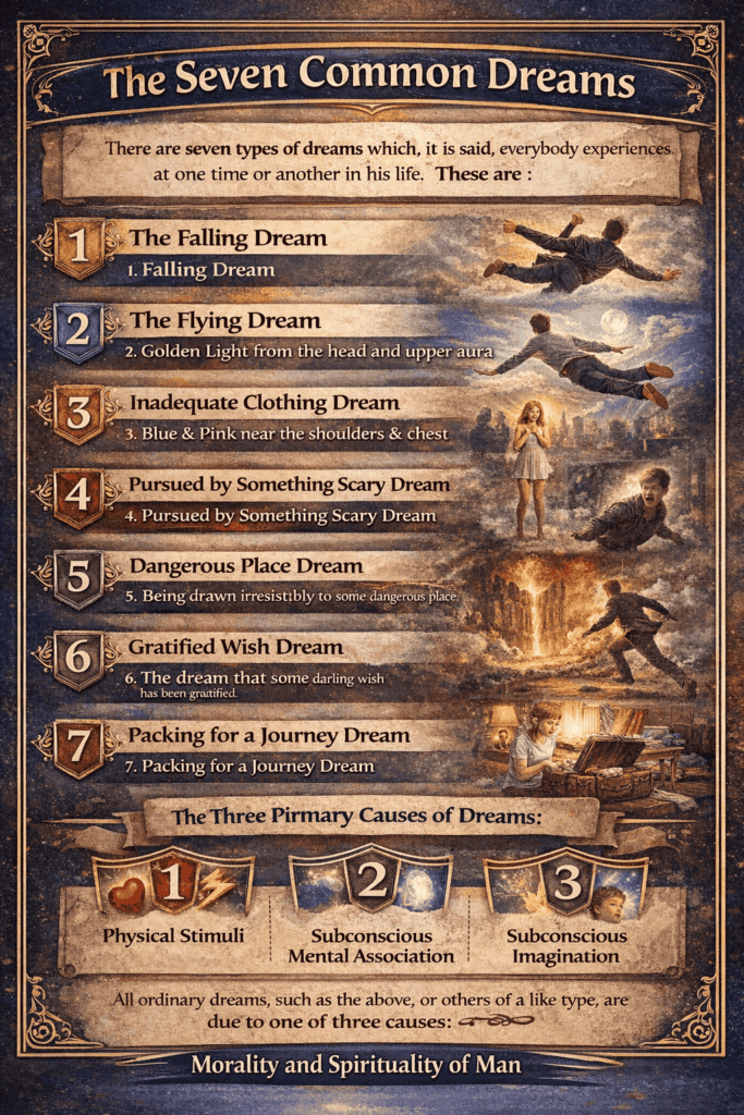 Seven common types of dreams, including falling, flying, being chased, and wish fulfillment, along with their primary physical and subconscious causes.