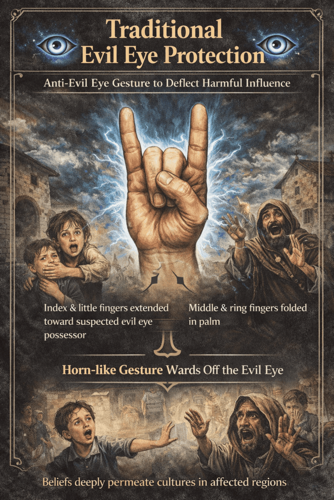 A traditional hand gesture believed to deflect harmful influence, reflecting how spiritualism misuse and fear-based beliefs persist culturally.