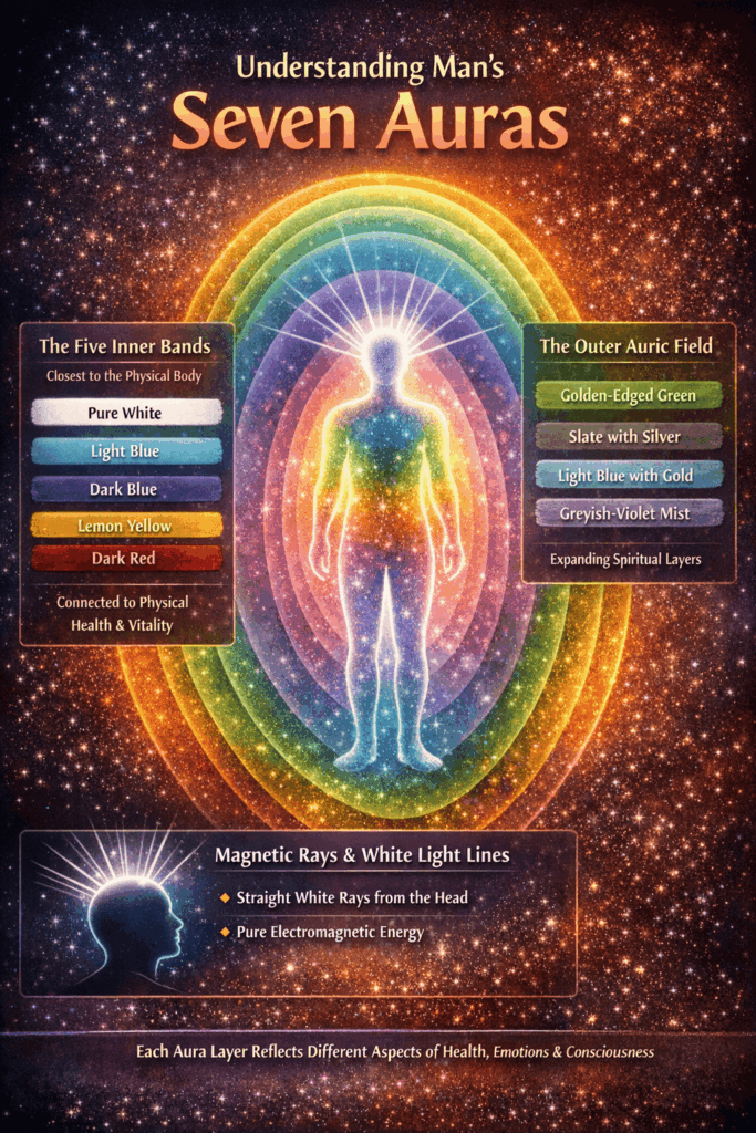 Human aura layers shown as concentric energy fields around the body, illustrating physical, emotional, mental, and spiritual states