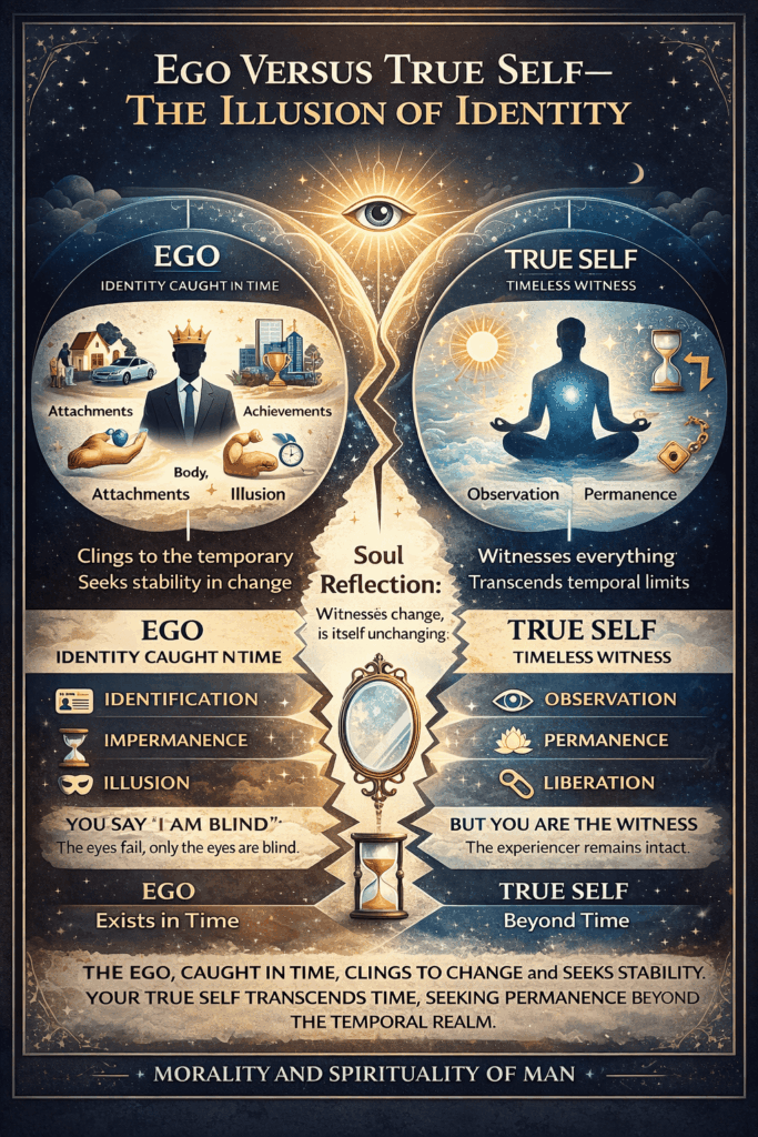 Soul Reflection showing ego caught in time versus the true self as a timeless witness observing change and impermanence