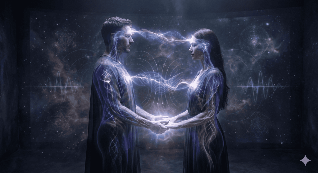 An infographic detailing the physiological and mental stages of psychic energy transmission in the human body.