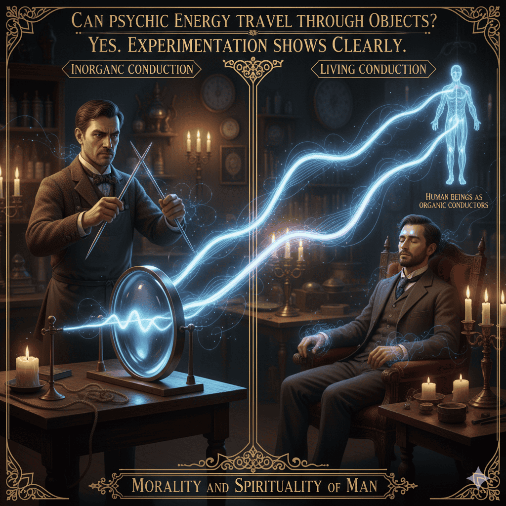A detailed infographic for Morality and Spirituality of Man illustrating psychic energy transmission through metallic needles and a bi-convex lens in a laboratory setting.
