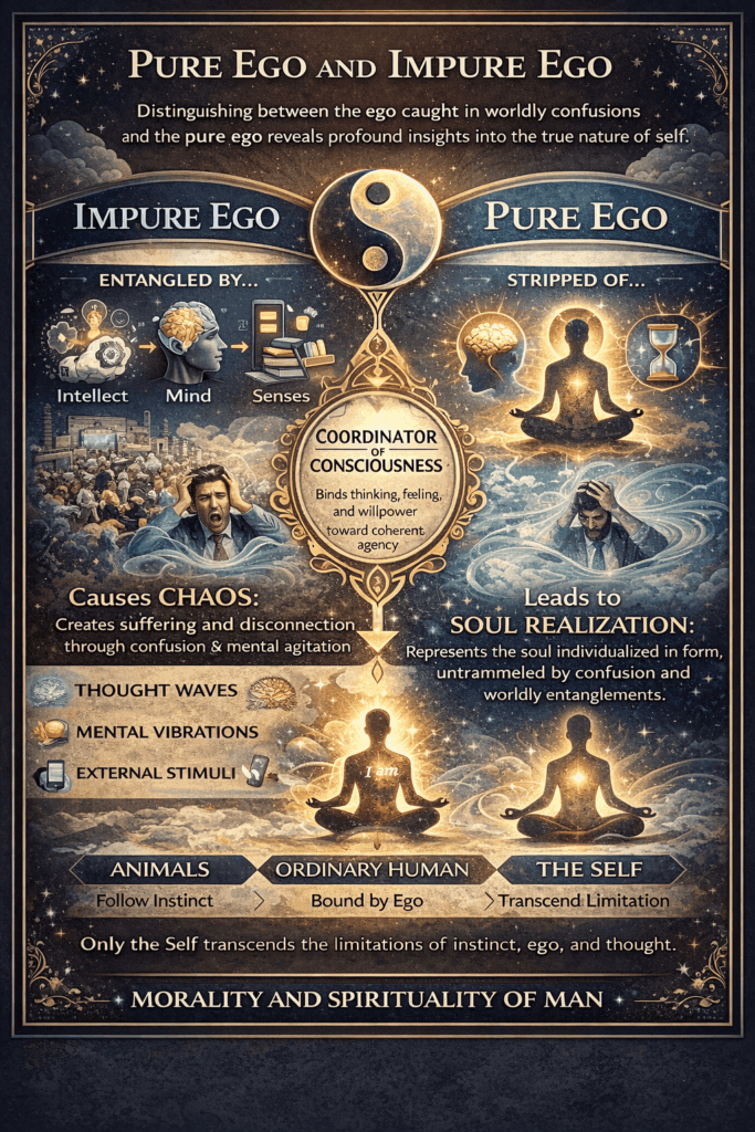 Soul Reflection depicting pure ego as soul awareness and impure ego entangled with thoughts, senses, and mental coordination