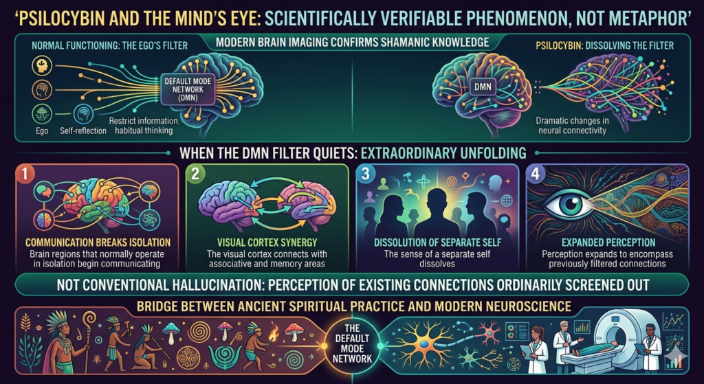 Infographic showing how psilocybin dissolves the Default Mode Network filter, triggering expanded psychedelic consciousness and neural connectivity.