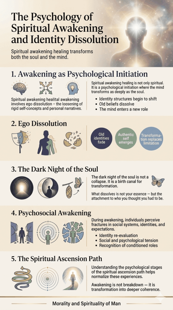psychological stages of spiritual awakening healing, including ego dissolution, the dark night of the soul, and psychosocial transformation.
