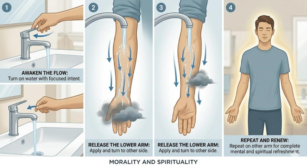 Step-by-step infographic demonstrating how to release negative energy through the running water forearm cleansing technique.
