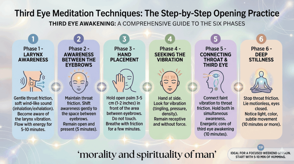 Third eye awakening meditation steps including throat breathing, eyebrow focus, vibration awareness, and deep stillness