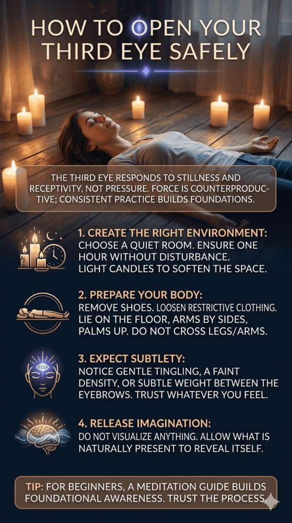 Person lying on floor with palms up during a third eye awakening preparation practice.