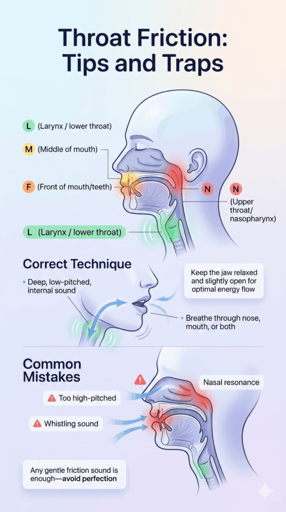 Comparison diagram for the throat breathing technique showing correct laryngeal friction at area L in the lower throat, with incorrect areas marked at M (middle mouth), F (front teeth), and N (upper nasopharynx) that produce high-pitched or whistling sounds.