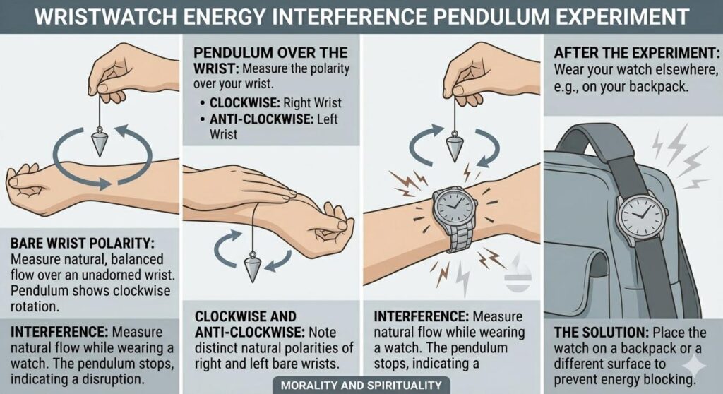 pendulum experiment that demonstrates how wearing a wristwatch can disrupt natural arm polarity and makes it harder to release negative energy effectively.