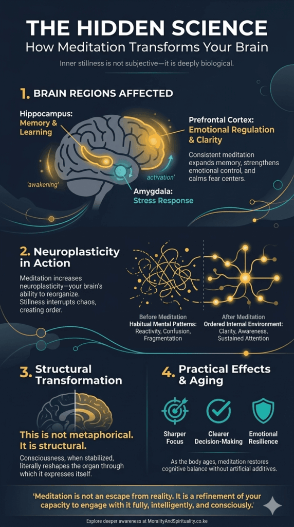 Infographic showing what is meditation through brain transformation, neuroplasticity, and mental clarity benefits