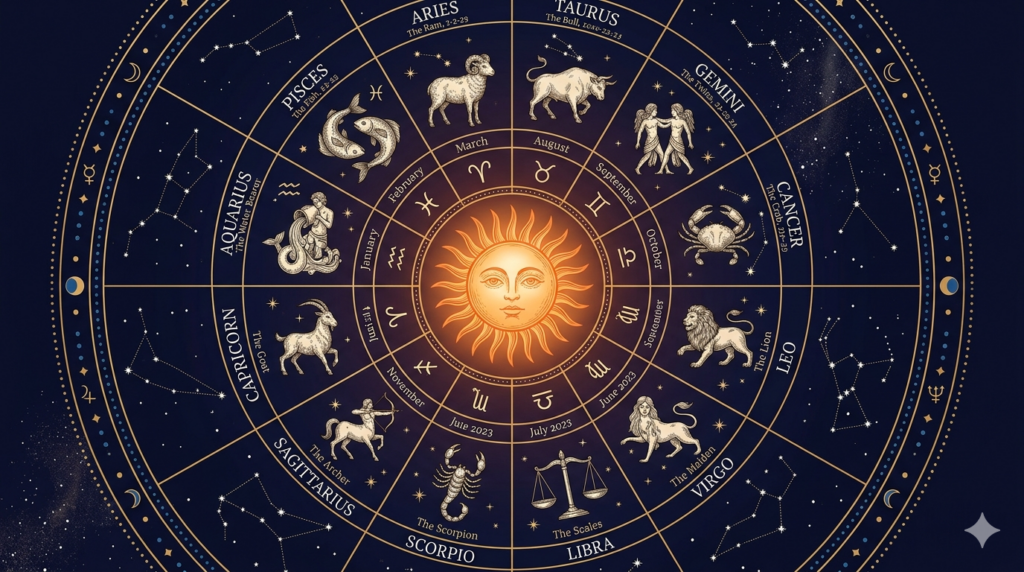 Scientific infographic illustrating the precession of the equinoxes and how zodiac signs meaning shifts across the Taurian, Piscean, and Aquarian astrological ages over a 26,000-year cycle