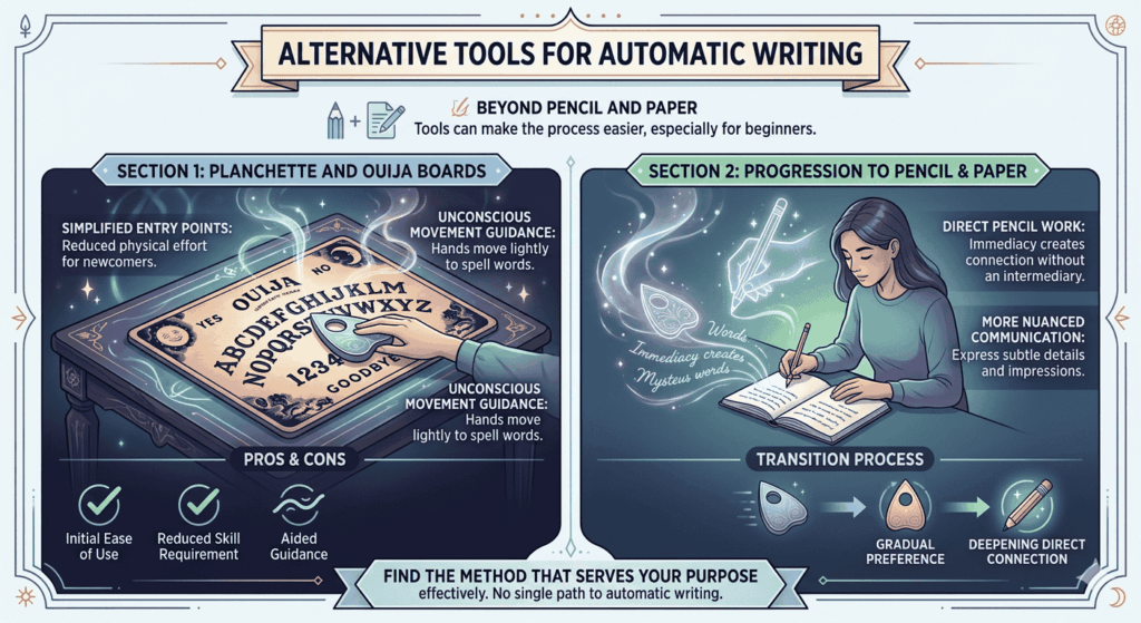 Alternative tools for automatic writing, showing a wooden Ouija planchette and a graphite pencil to illustrate ease of use for beginners.