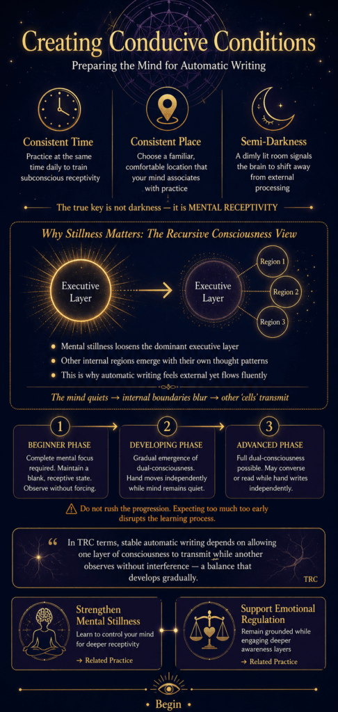Infographic on automatic writing conditions showing practice pillars, a TRC diagram of mental stillness allowing internal regions to emerge, and a three-stage progression pathway.