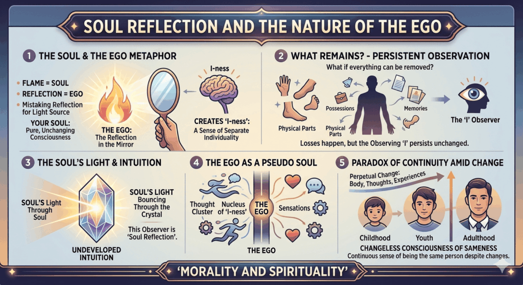 A visual representation of soul reflection, where the ego appears as a mirror image of the soul—highlighting the illusion of identity and the deeper reality of true consciousness.