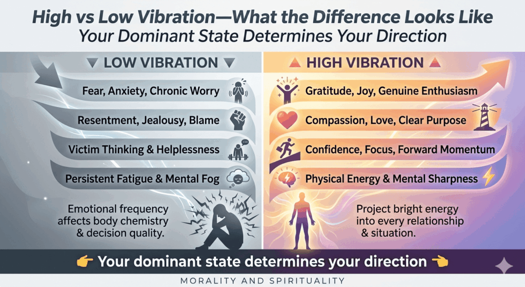 high vs low vibration comparison chart showing emotions like fear anger vs love peace clarity confidence and how they relate to the law of vibration.