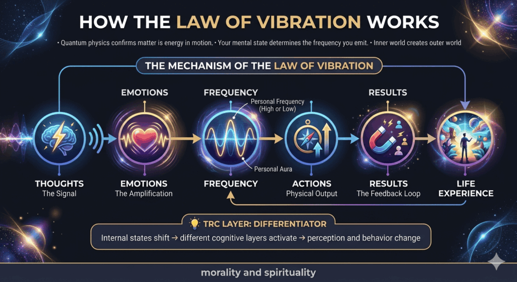 law of vibration flow diagram showing thoughts emotions frequency actions and results connection.