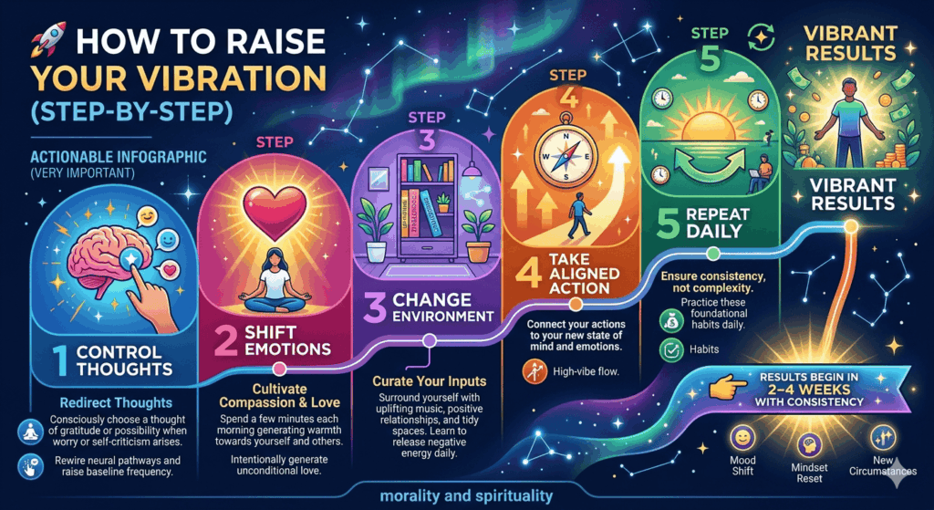 how to raise your vibration steps including control thoughts shift emotions environment action consistency