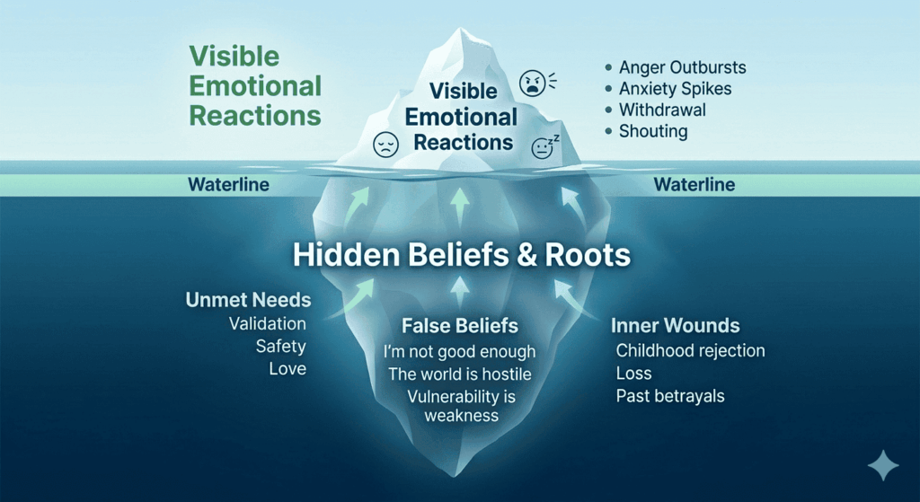 Iceberg diagram showing the hidden root cause of emotions beneath visible emotional reactions