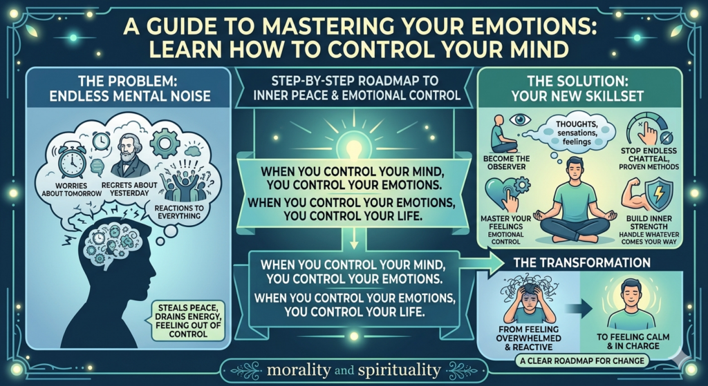 Infographic showing how to control your mind by managing thoughts, emotions, and mental noise. It presents a clear roadmap from overwhelm to calm inner mastery and emotional balance.